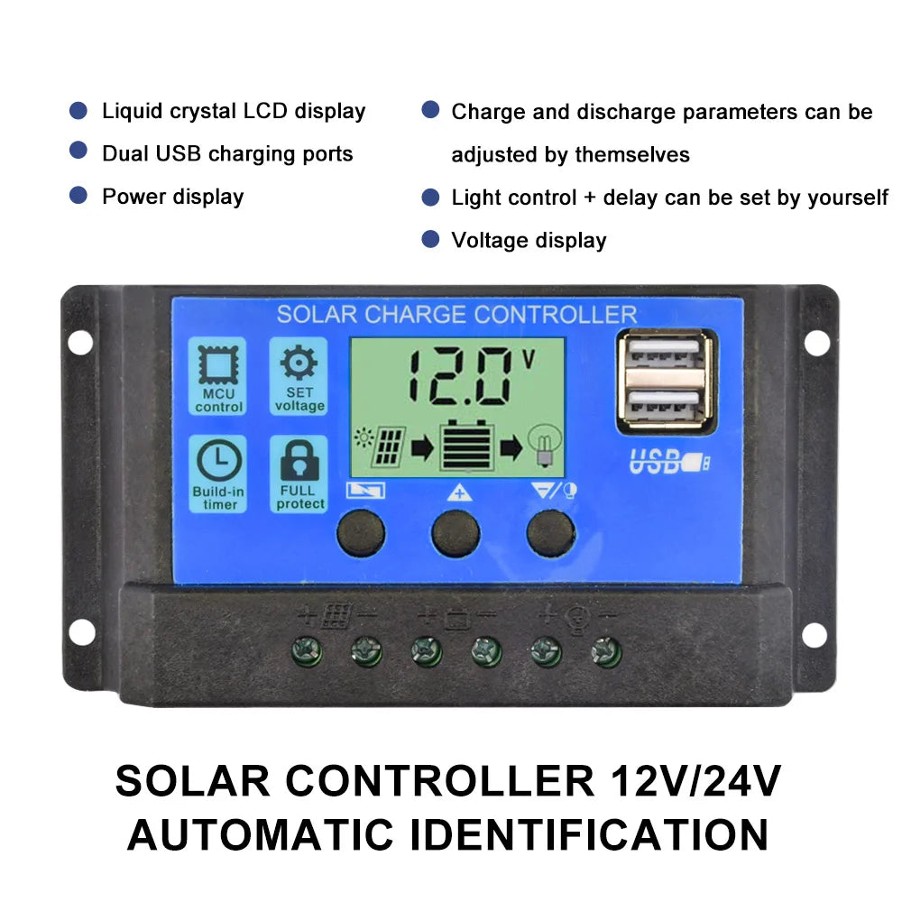 30A 20A 10A Solar Panel Controller, Solar charge controller with LCD display, adjustable USB ports, timing setting, and full-time protection for safe solar charging.