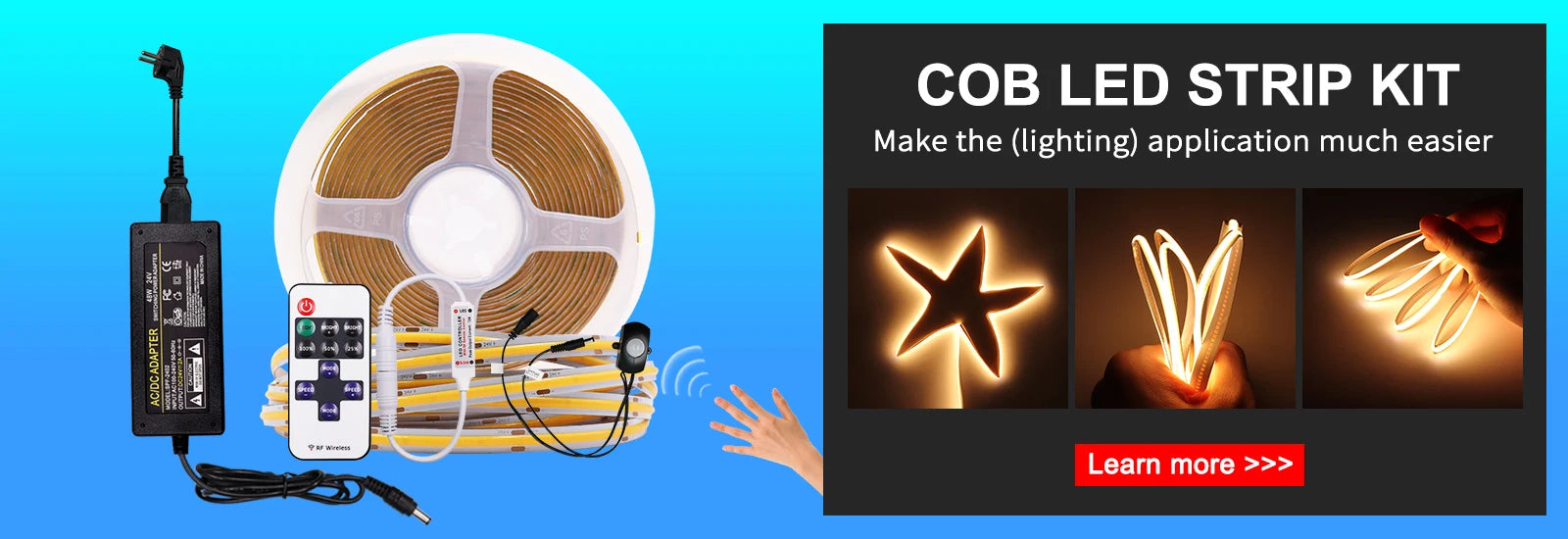 Easy installation with our COB LED strip kit for various lighting applications.