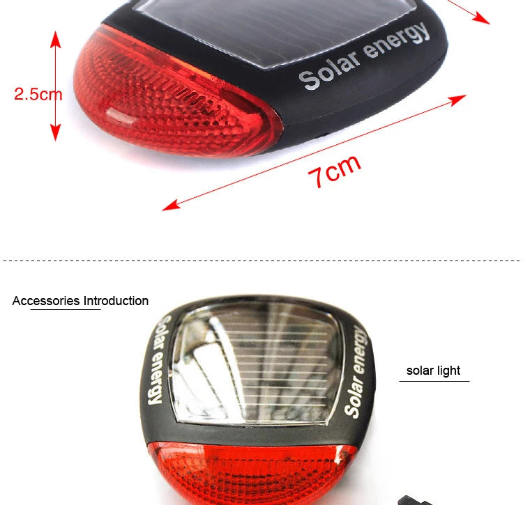 Solar Bike Light, Solar-powered bike accessories include a 2.5cm light and 7cm horn, both USB rechargeable and waterproof.