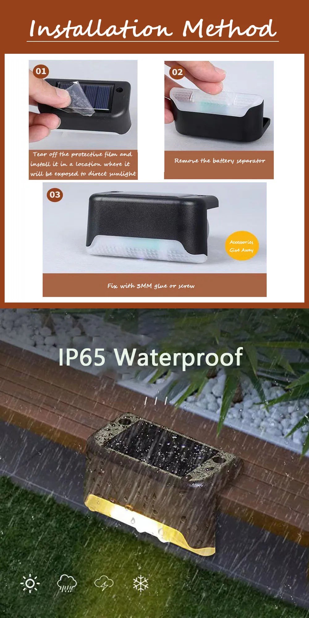 Solar Lamp Path Deck Outdoor Garden LED Light, Expose terminals to sunlight, secure with glue or screws for a waterproof (IP65) installation.