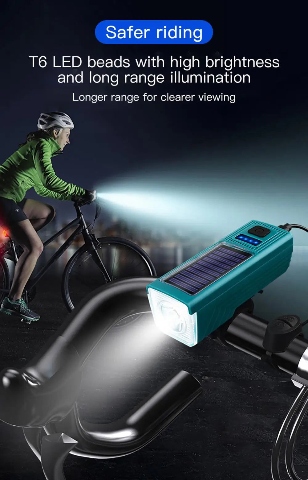 Solar Bike Light, Improved night vision with high-brightness LED lights for enhanced safety and visibility.