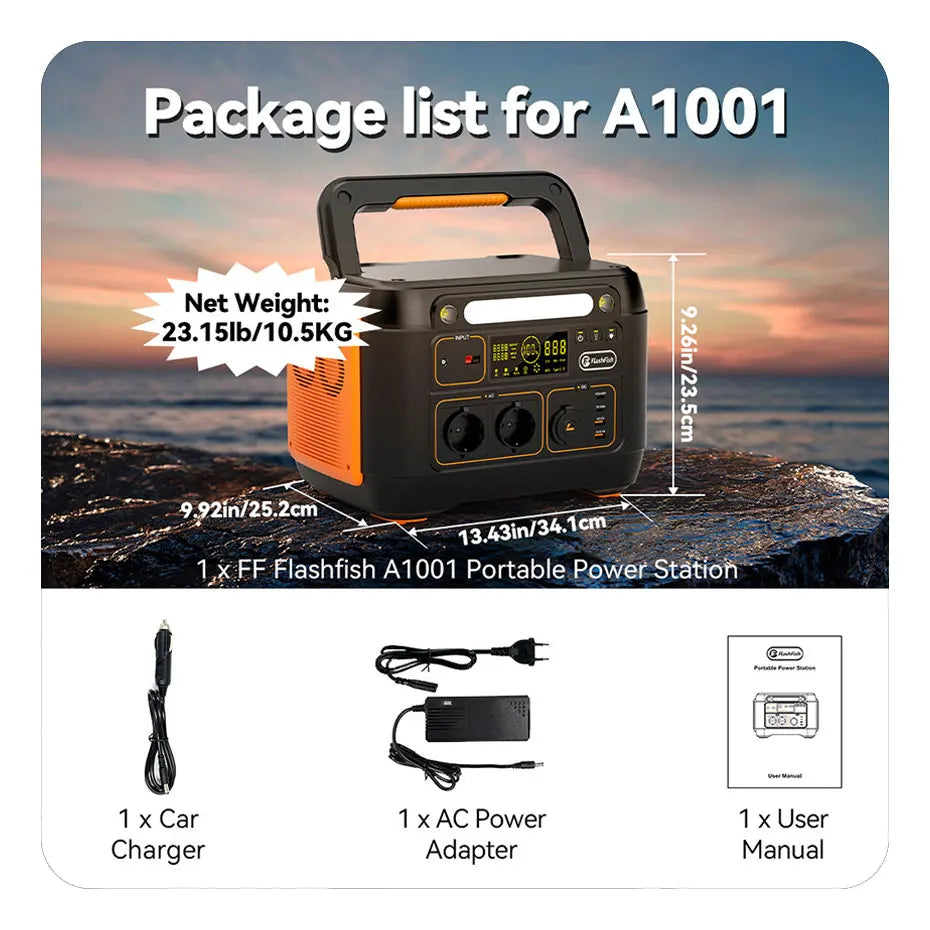 FF Flashfish A1001, Power station package with portable charger, car adapter, manual, and guide.