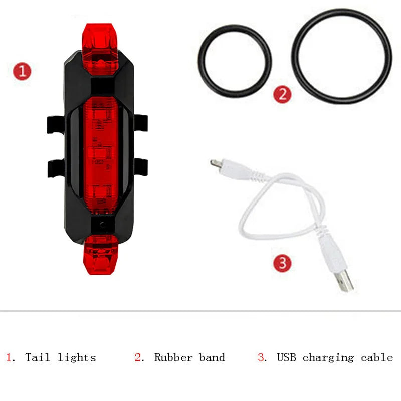 1200mAh MTB Solar Bike Light, Kit includes rear light, rubber straps, and USB charging cable for easy power up.