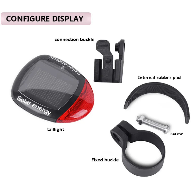 1200mAh MTB Solar Bike Light, Configure display with rubber pad and fixed buckle, compatible with MTB solar bike lights and accessories.