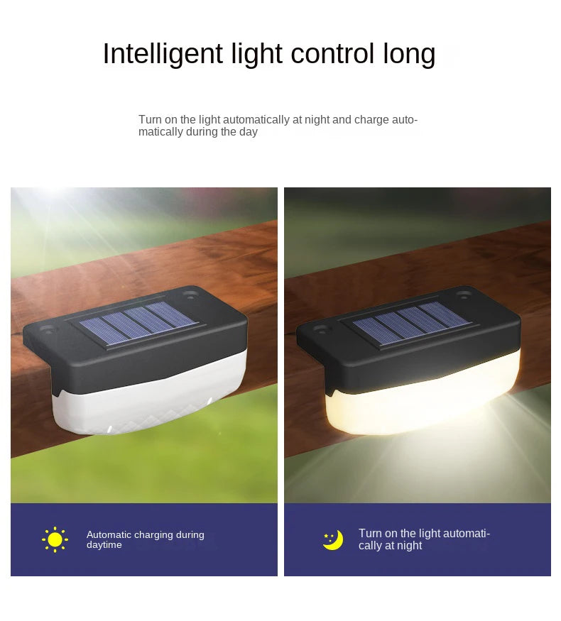 LED Solar Stair Light, Smart lighting system with automated day-night charging and adjustable brightness.