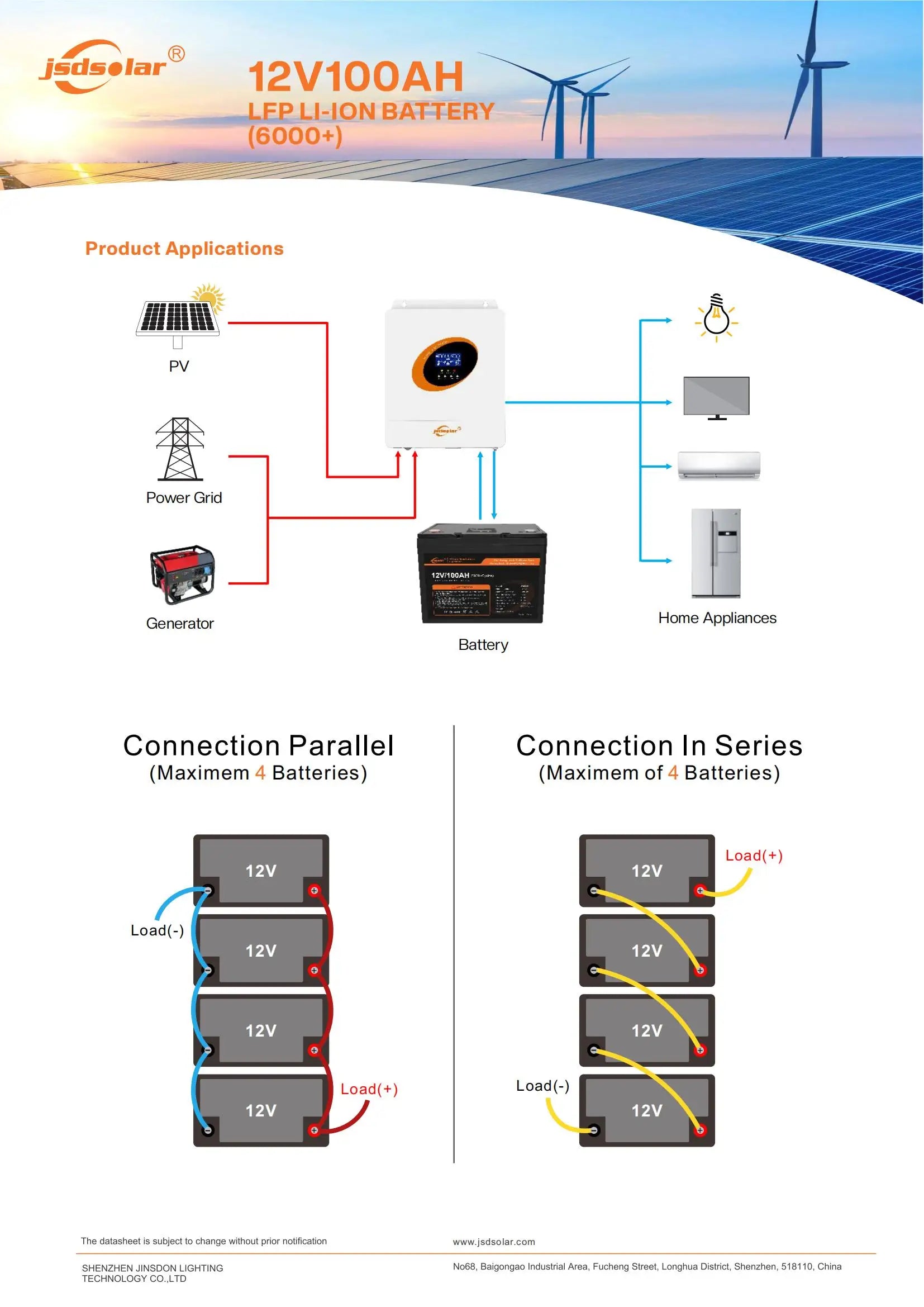 LiFePO4 energy storage battery with built-in BMS for solar boats, available in 100Ah and 200Ah capacities.