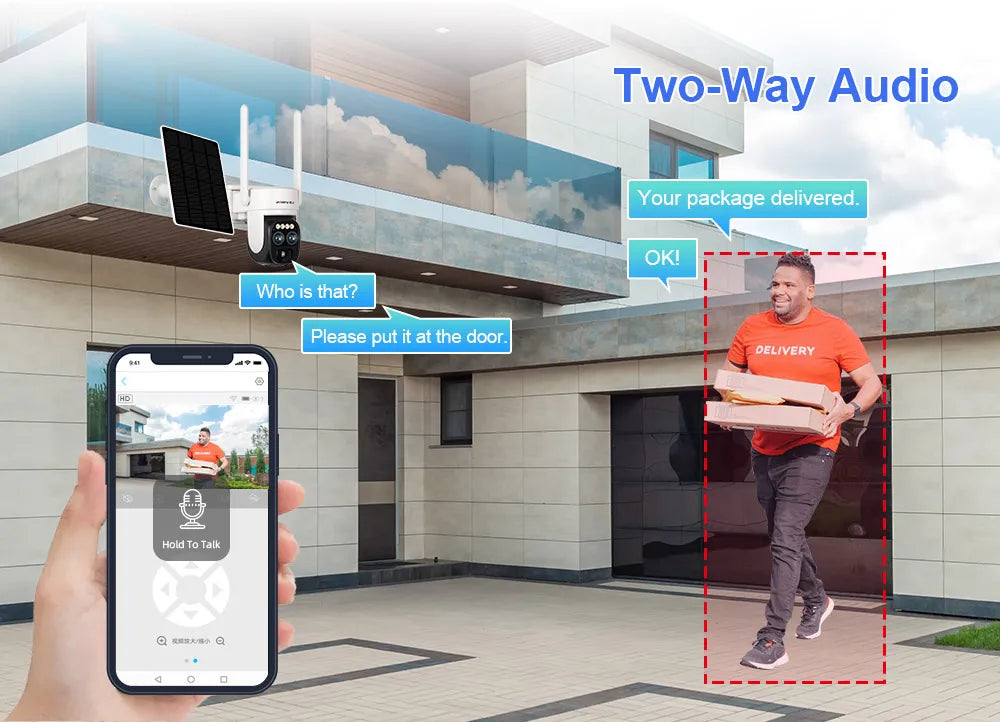 LS VISION LS-CS1 Solar Camera, Two-way audio enables real-time communication between customers and delivery personnel at the doorstep.