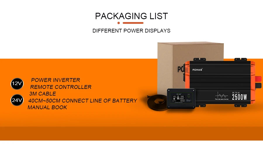 Solar power inverter with pure sine wave, LCD display, and remote control for off-grid energy systems.