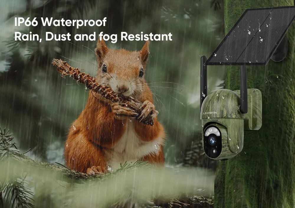 LS VISION LS-WS16M Solar Camera, IP66 waterproof, resistant to rain, dust, and fog.