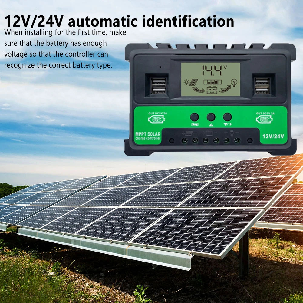 30A 40A 50A MPPT Solar Charge Controller, Detects 12V or 24V battery systems with initial voltage check, then auto-recognition.