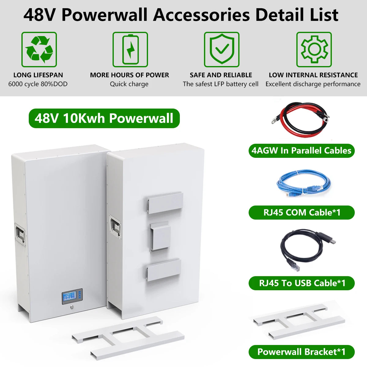 48V 200Ah 10Kw Powerwall, Powerwall accessory details, including lifespan, power density, and charging capabilities.