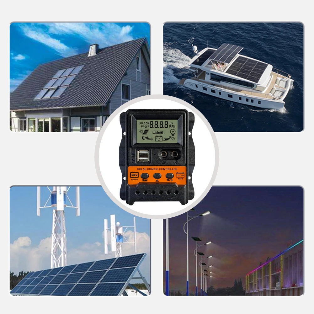Dual USB LCD Solar Charge Controller, Controller regulates and charges 12/24V solar panels with precision.