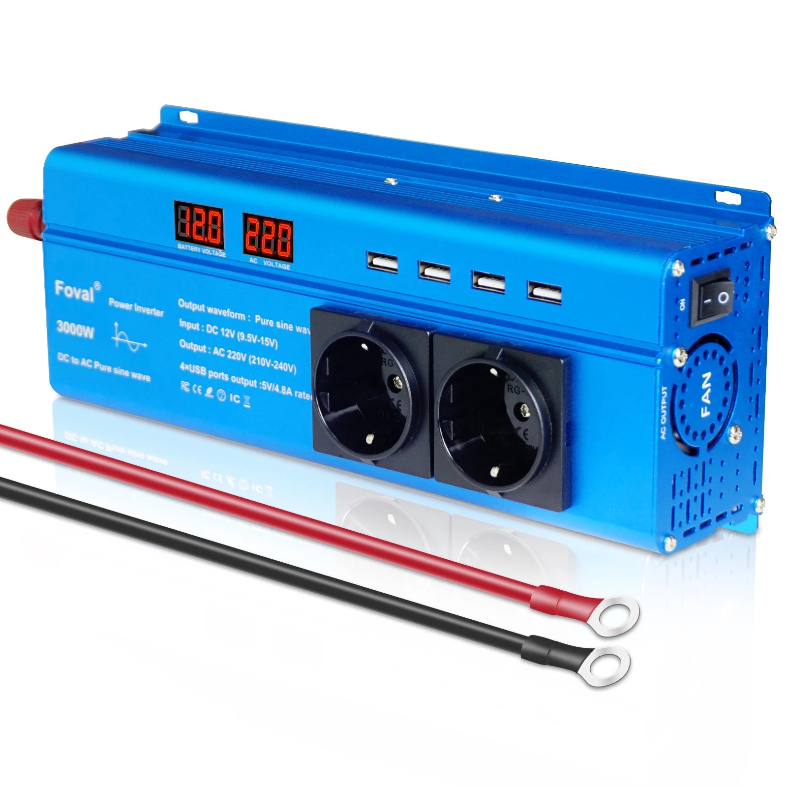 DC 12V to AC 220V Pure Sine Wave Inverter, Small contact surface on alligator clip cables not suitable for high-power equipment.