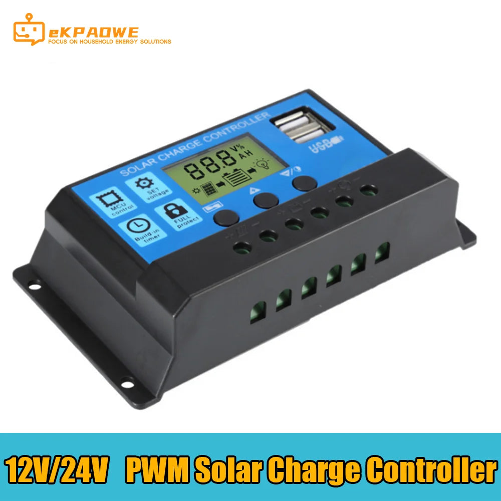 Solar Controller, Solar charge controller for households with dual USB output and LCD display.