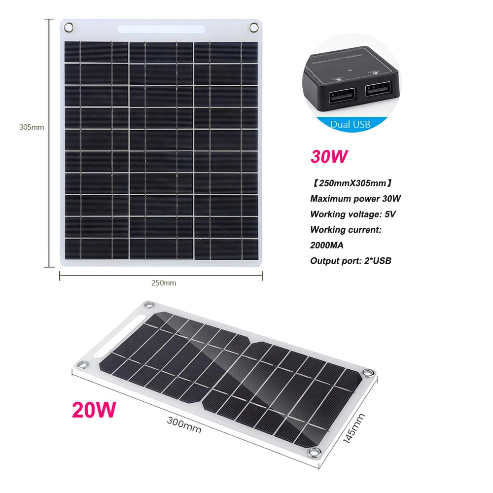 30W Solar Panel, Compact solar panel with USB ports, measures 305x250mm, outputs 20W.