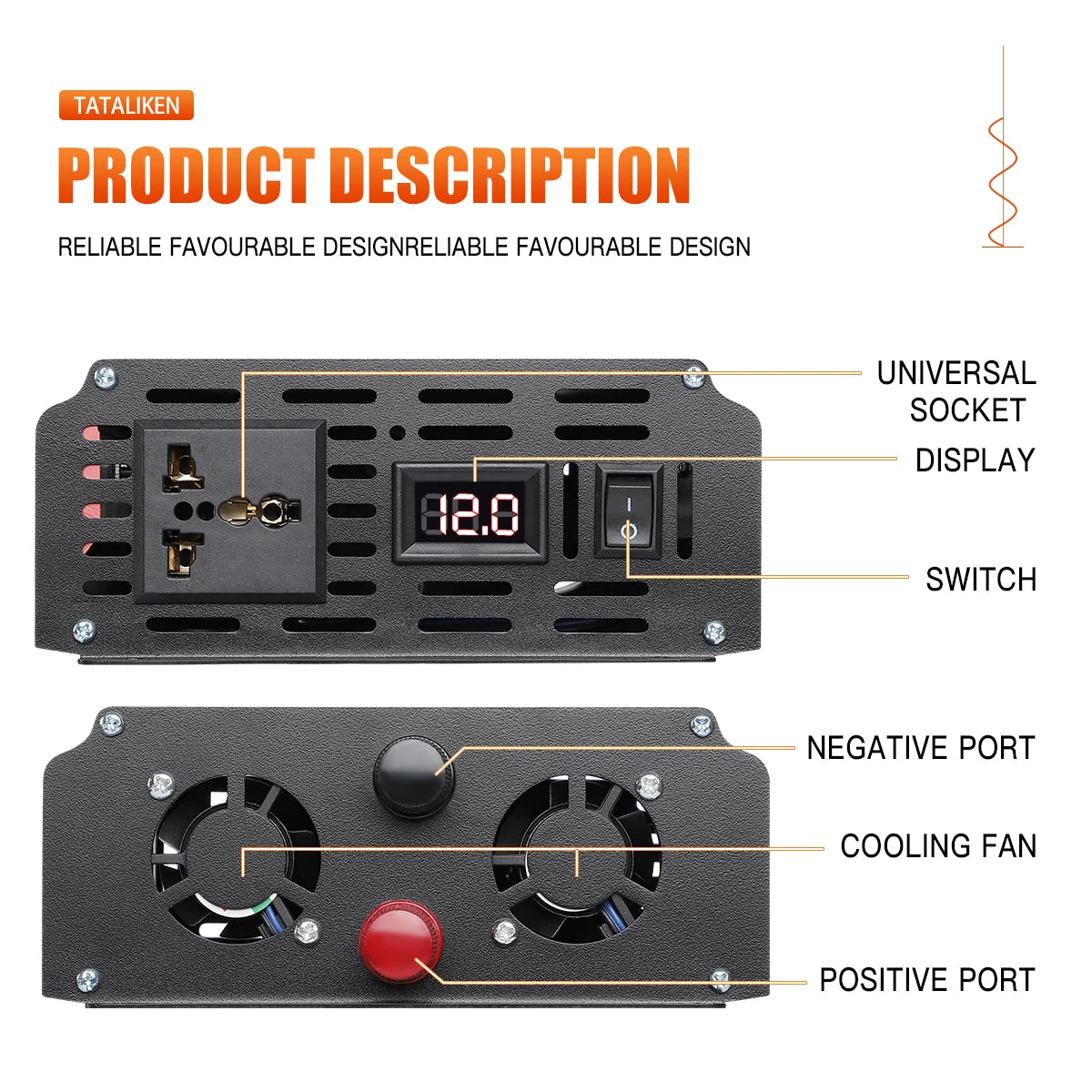 Reliable pure sine wave inverter with universal socket, switch, ports, and cooling fan for efficient operation.