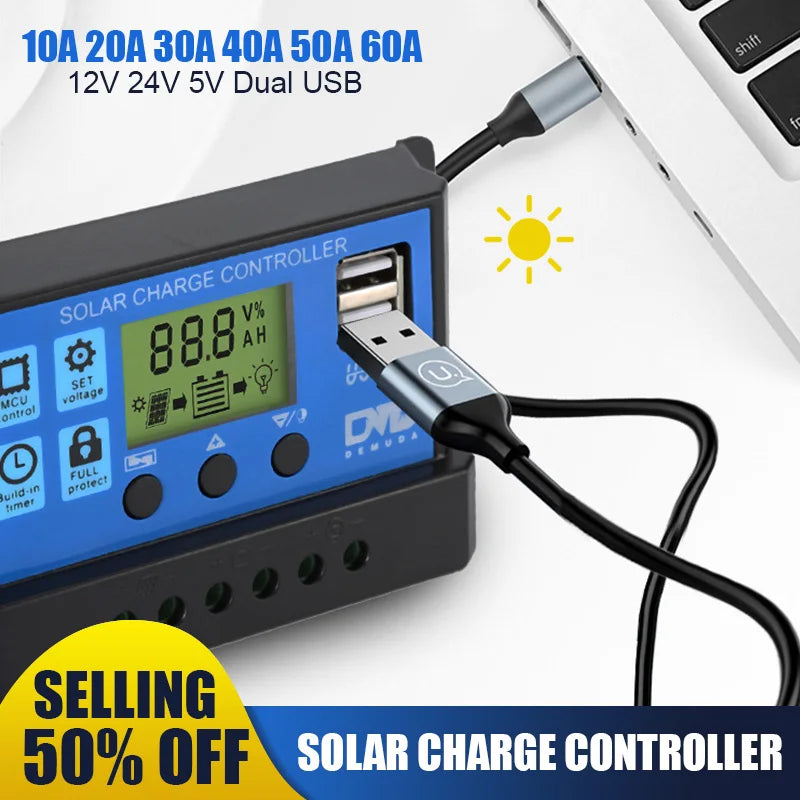 PWM Solar Controller, Solar controller for batteries and charging devices with LCD display and multiple USB ports.