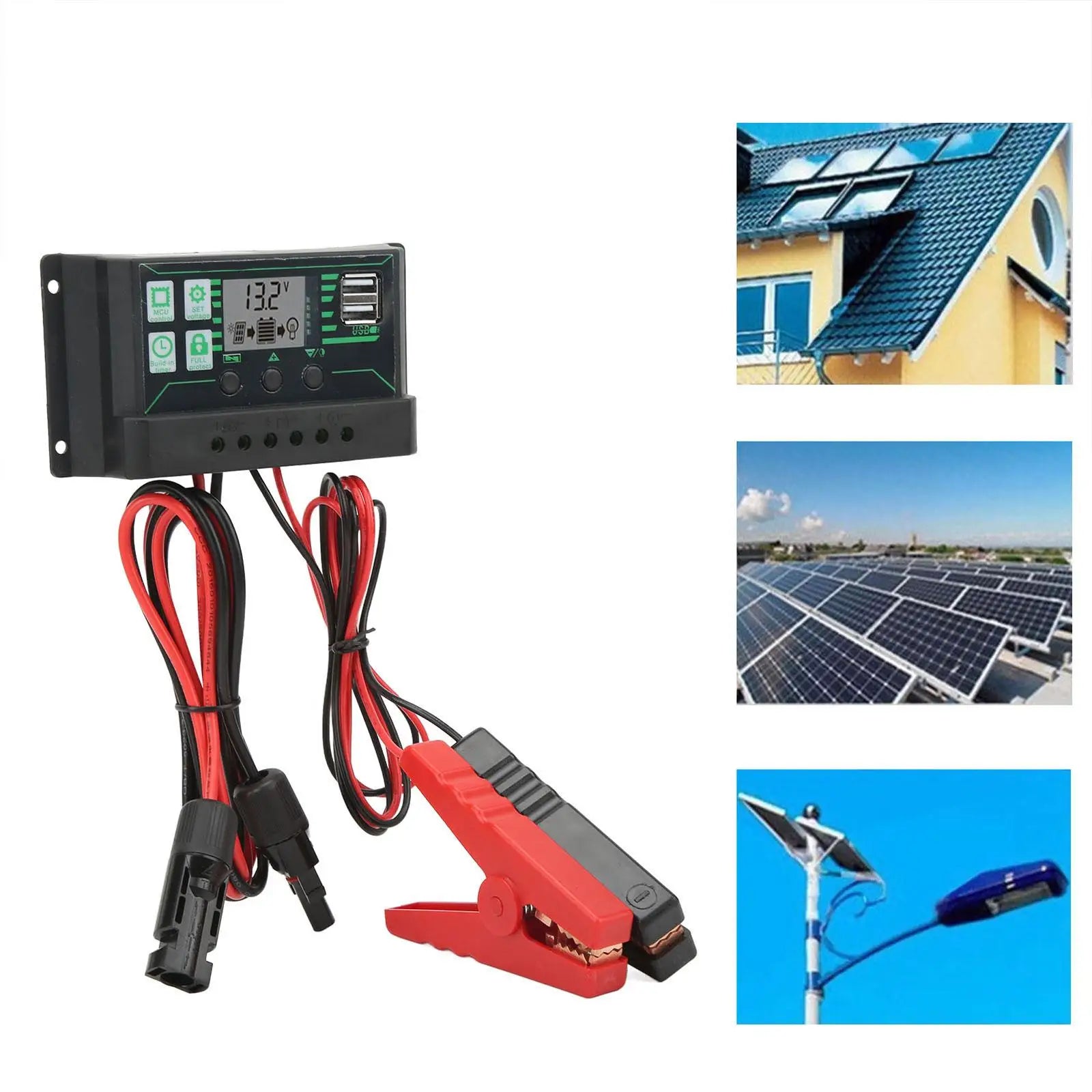 MPPT 10/20/30/60/100A Solar Charge Controller, Solar charge controller with wide LCD screen, regulating battery charging and solar panel input.