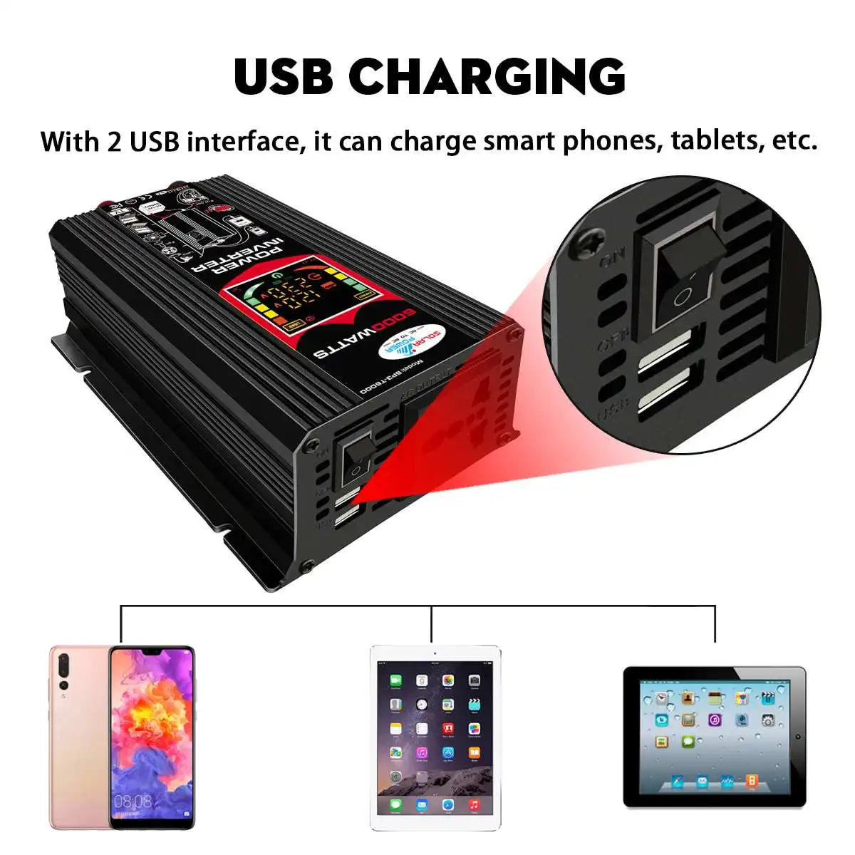 Two USB interfaces for charging smartphones, tablets, and other devices.