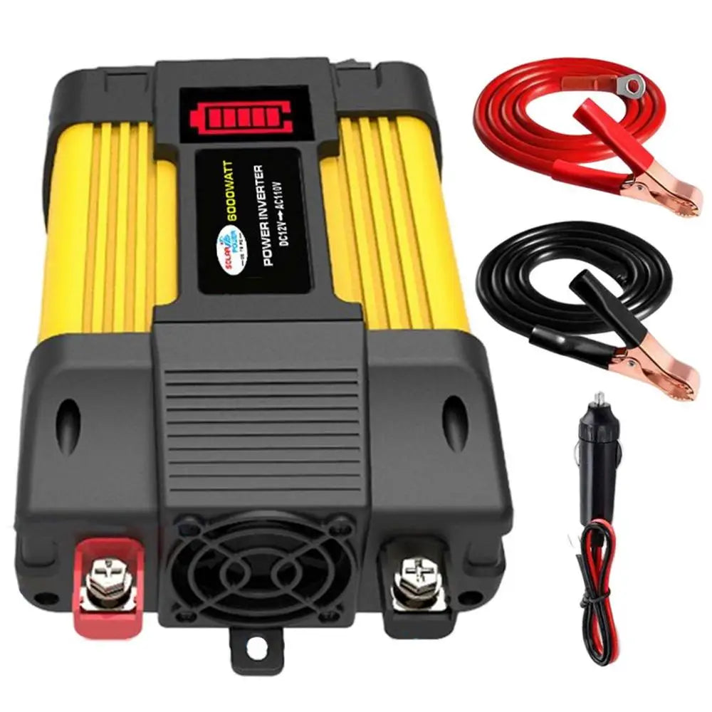 6000W Vehicle Power Pure Sine Wave Inverter, Portable pure sine wave inverter with LED display, 6,000W power, AC outlet, and USB ports for cars.
