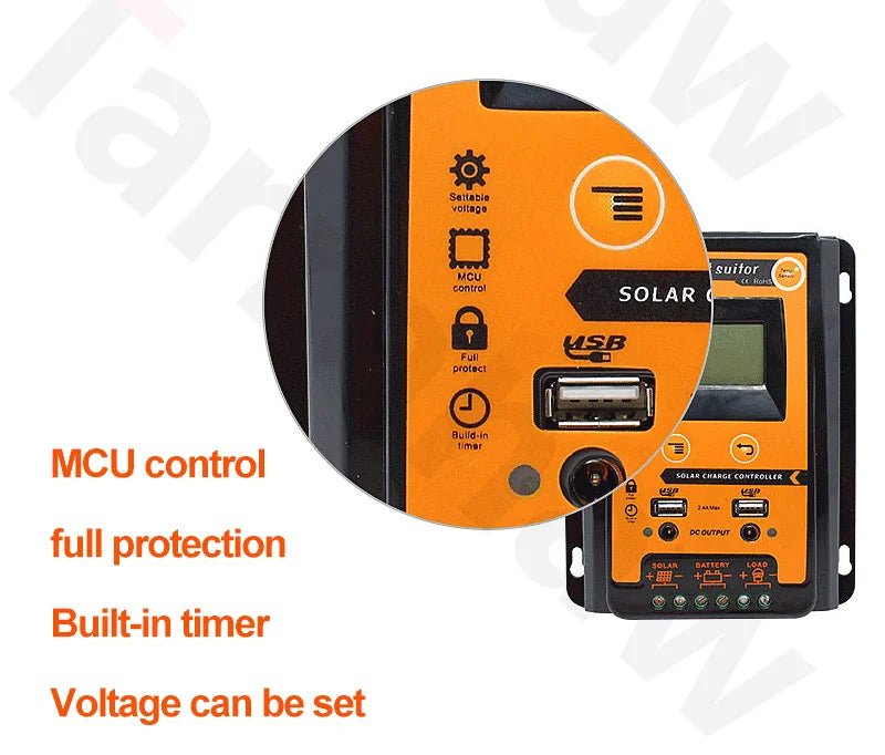 MPPT Solar Charge Controller, Solar charger controller with MCU control, USB output, timer, and voltage setting, featuring protection and LCD display.