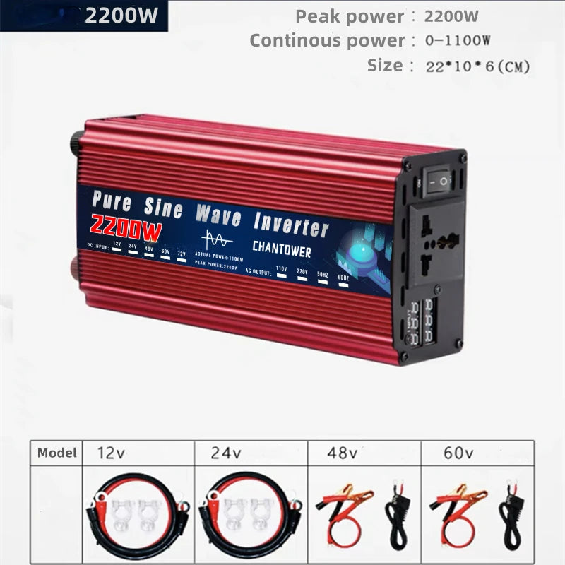 Pure sine wave inverter with 12V/24V/48V input and AC output up to 220V.