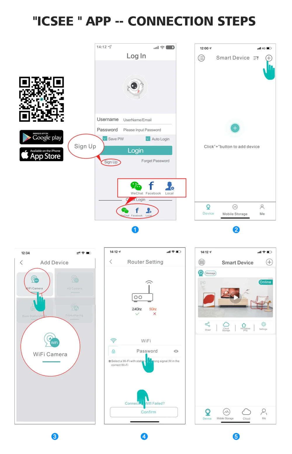 CHAMOUS 2.5K 4MP WiFi Wireless Outdoor IP Camera, Download ICSEE APP: Log in, create account, log in with social media or local login, then add device.