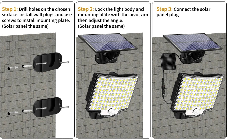 106 Solar Led Light, Easy installation: drill, lock, connect, and adjust solar light's angle for a secure fit.