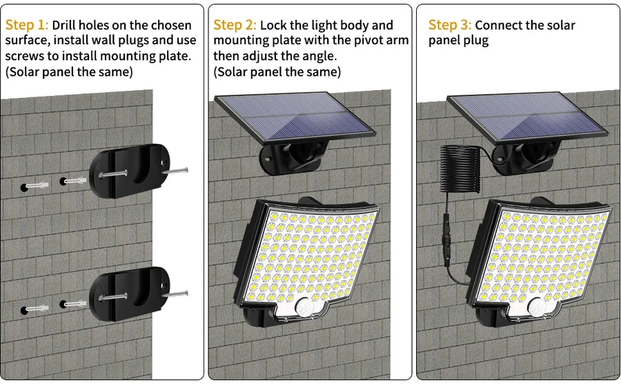 228LED Solar lamp outdoor security light, Install solar lamp by drilling, locking, and connecting components; adjust angle for optimal sunlight.