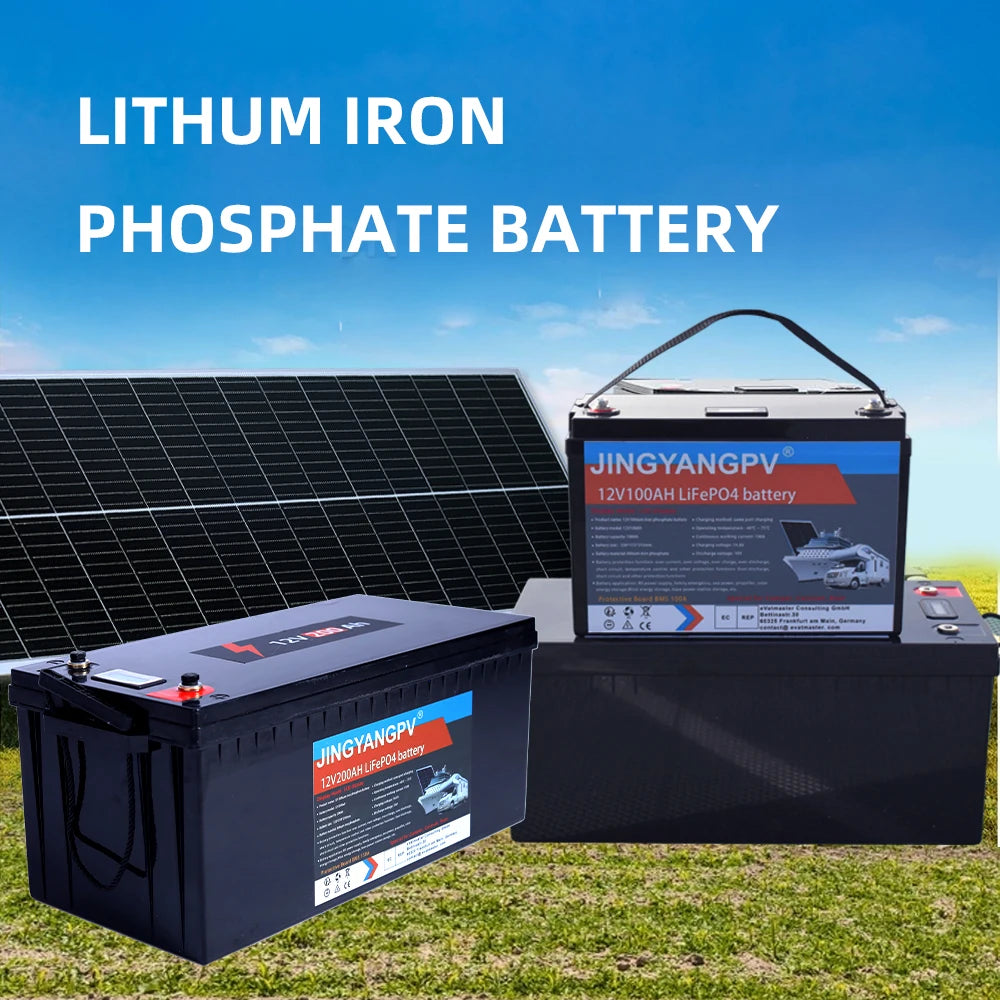 Jingyang 12V 100Ah 200Ah Lithium LiFePO4 Battery, Deep cycle LiFePO4 battery with 100A BMS for solar and off-grid use.