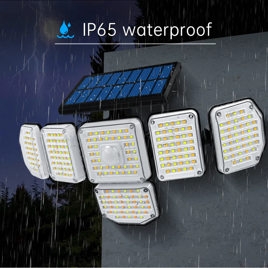Solar Motion Sensor Flood Light, Adjustable camera features for easy setup: head, lens cover, and motion sensor.