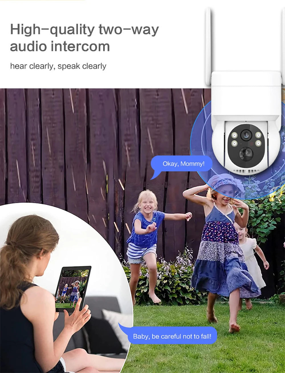 Solar PTZ Camera, Clear two-way audio for seamless mommy-baby communication with crisp sound.