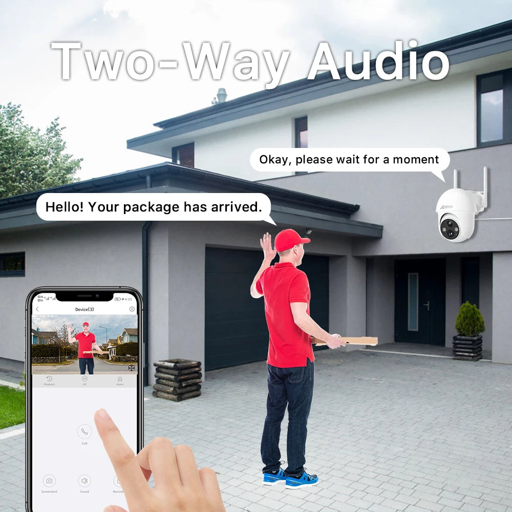 ANRAN 3MP Battery Camera, Two-way audio enabled. Hello, your package has arrived. Please respond.