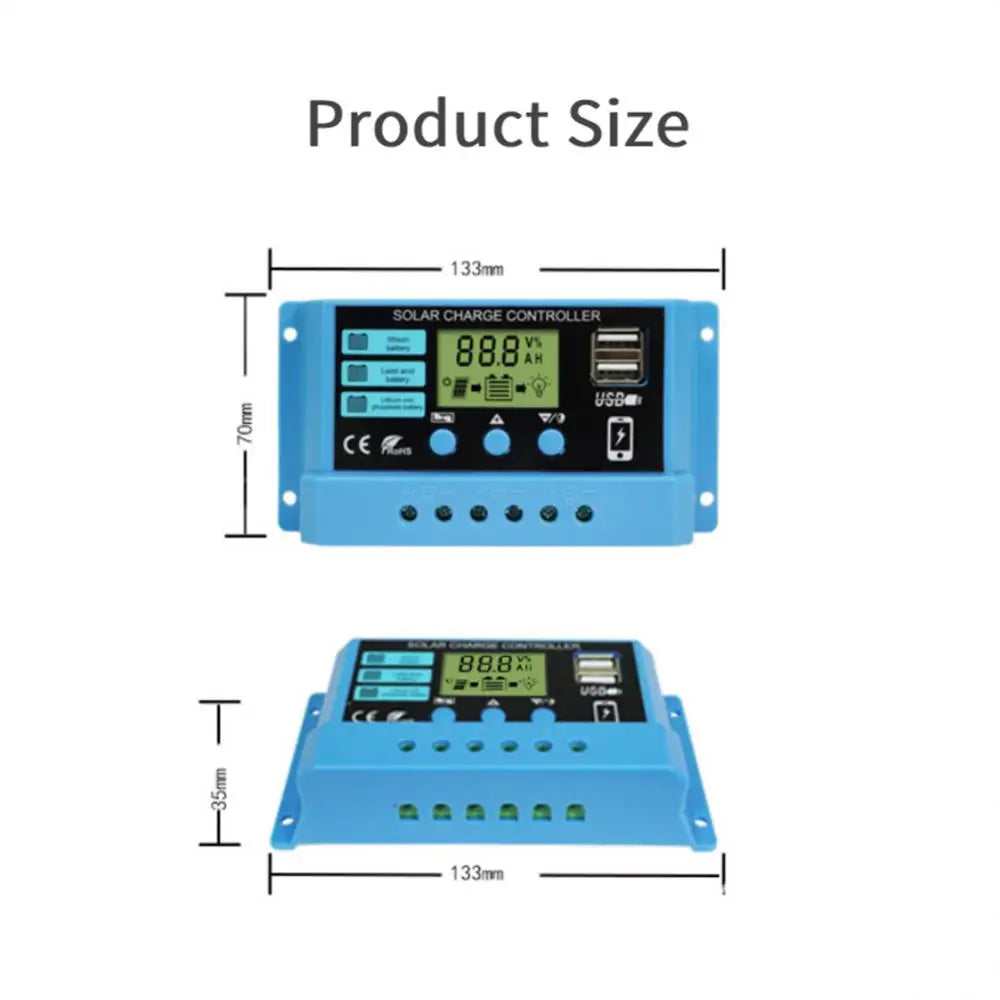 PWM 10A 20A 30A Solar Charge Controller, Compact solar charger with LCD display and two USB ports, measuring 13.3x6.4 cm.