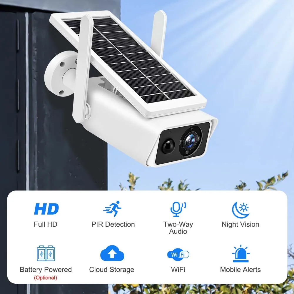 FRDMAX XM49S 4MP Solar Camera, Wireless security camera with PIR detection, night vision, and audio features, plus cloud storage and mobile alert options.