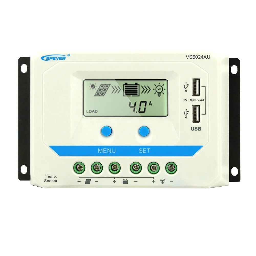 EPEVER's VS60A/24A solar charger supports 2.4A charging with load, USB, menu settings, and temperature sensor.