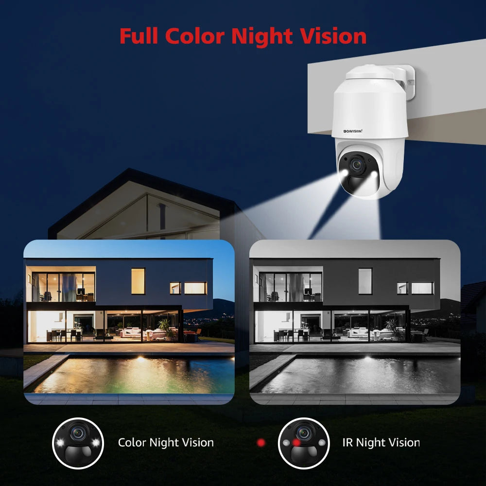 BOAVISION D4 Solar Camera, Advanced optics offer full-color night vision and IR mode for clear visibility in low-light conditions.