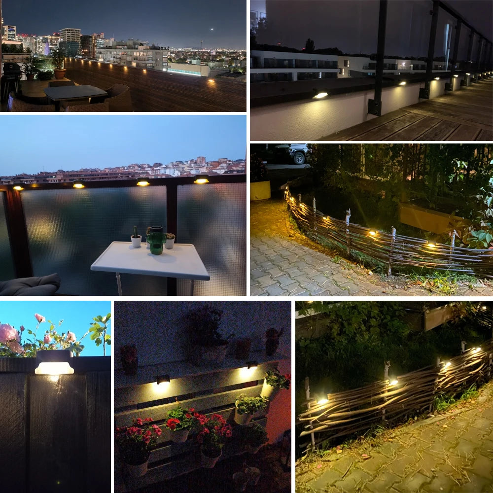 Solar deck light with warm and white options, waterproof and warranty, suitable for various outdoor uses.