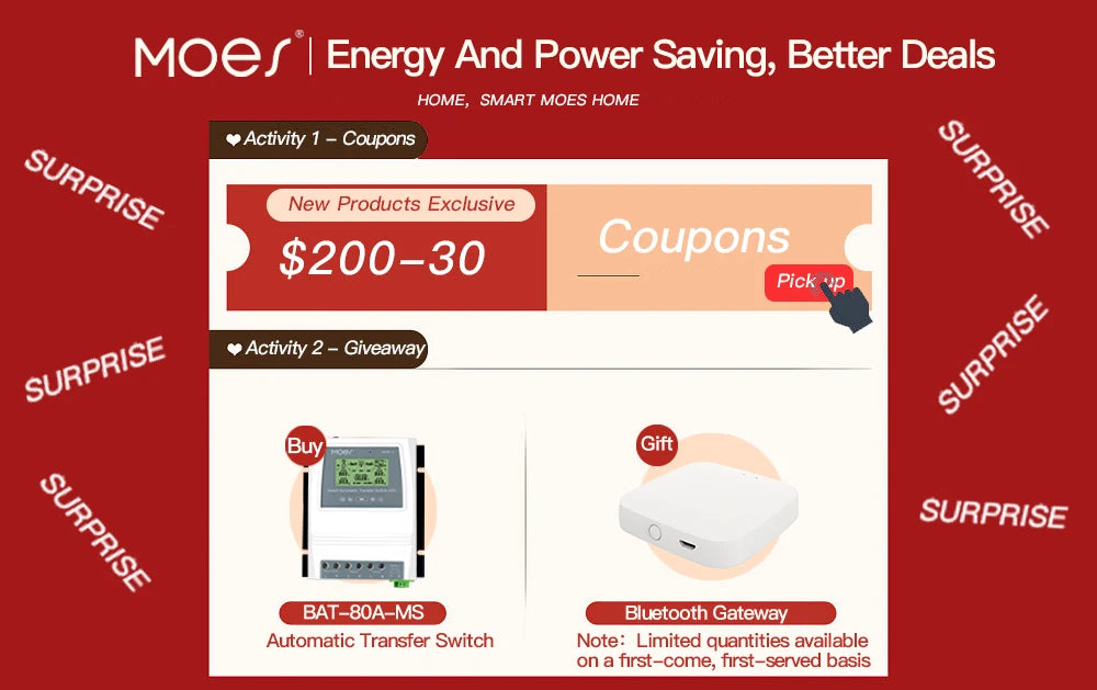 MOES Tuya Smart Dual Power Controller, Automatic transfer switch for off-grid solar-wind systems controlling up to 80A of power.