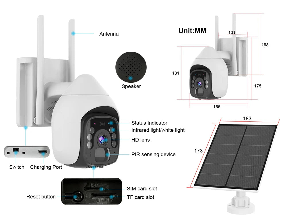 HFWVISION  BS9  4G Ptz Camera, Advanced features for surveillance camera: MM-101 antenna, speaker, lights, lens, PIR sensor, and more.