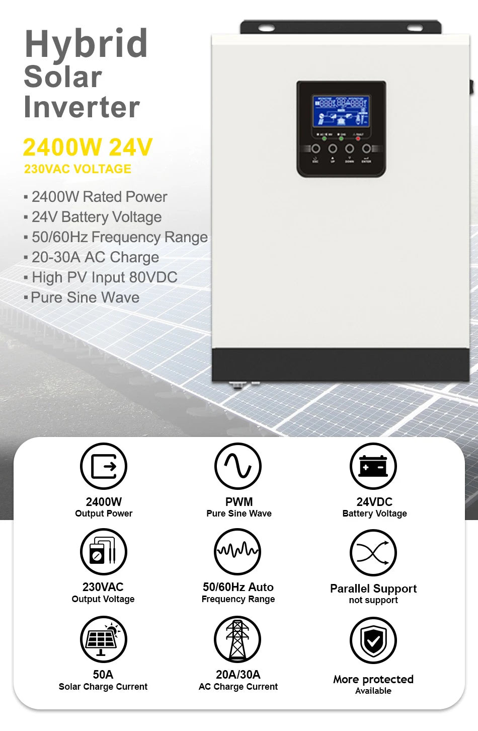 3000VA 2400W Solar Inverter, Solar Inverter with pure sine wave output, 2400W power, and high PV input up to 80VDC.