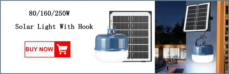 80-250W Solar Light with hook for outdoor use. Buy now!
