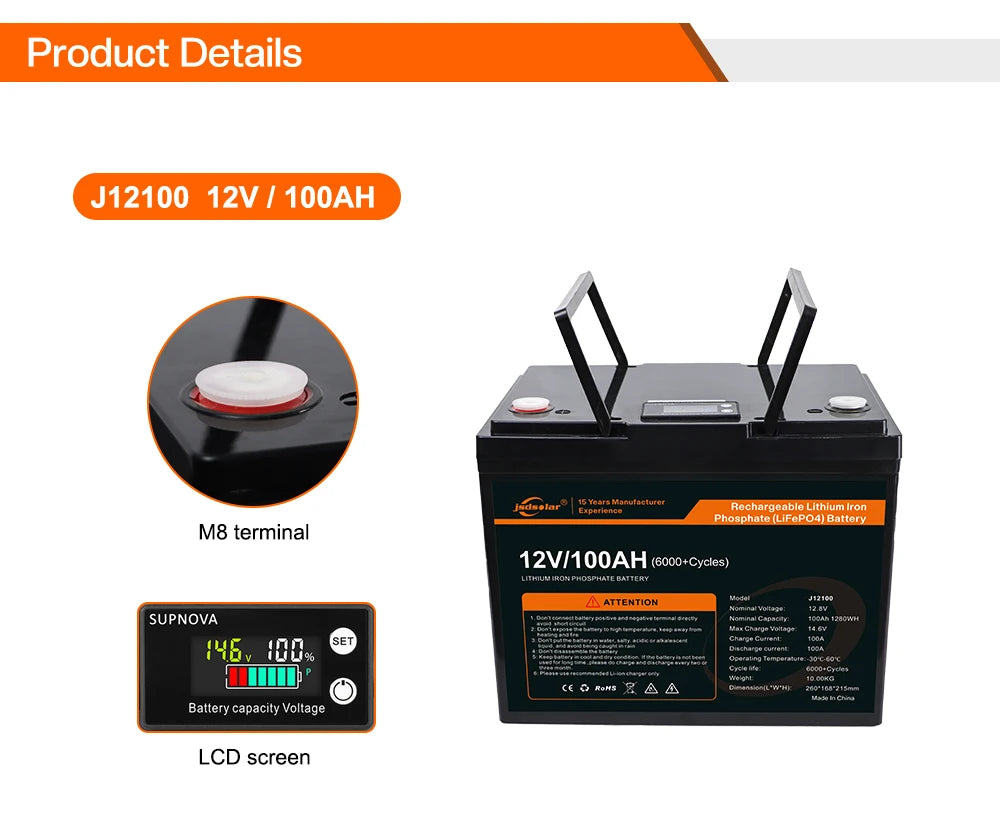 LiFePo4 battery with built-in BMS for solar boat applications, available in 100Ah and 200Ah capacities.
