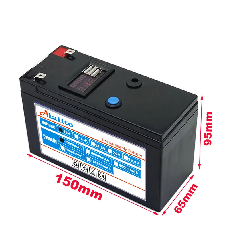 Portable power display with 12V 100Ah lithium battery pack and charger for solar and electric vehicle use.