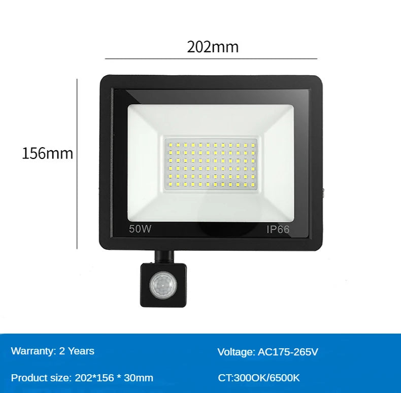 PIR Motion Sensor LED Flood Light, Compact LED light with 50W output, IP66 waterproof rating, and AC 175-265V compatibility.