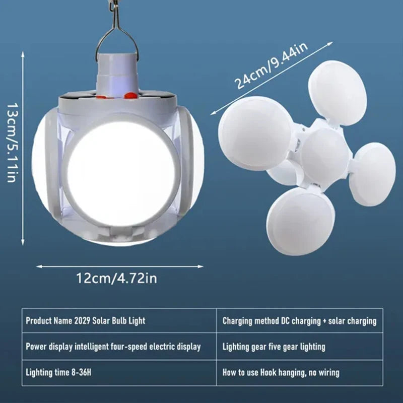 Solar Outdoor Folding Light, Portable solar light with 5 modes, rechargeable via USB or DC, ideal for power outages and camping.