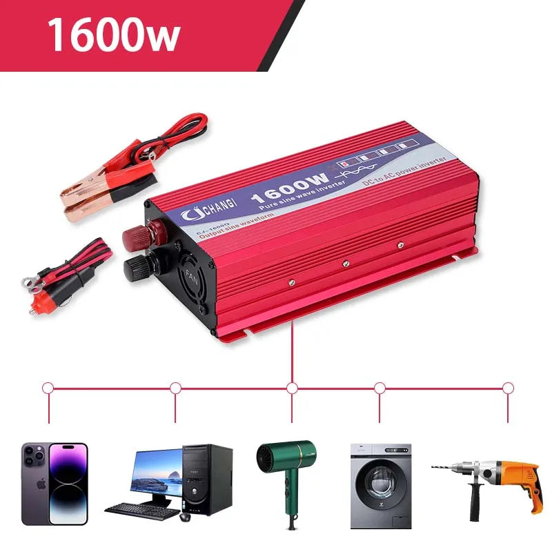 Pure Sine Wave Inverter, Converts 12V/24V DC power to 220V AC power with 1600-3000W output.