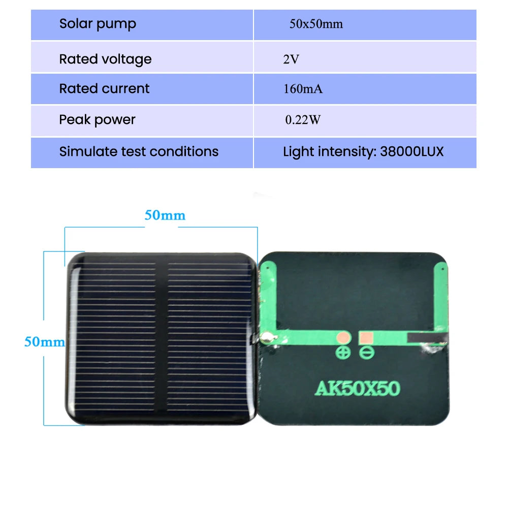 SUNYIMA 10PCS 2V 5V 6V 50*50 80*80 Solar Panel, Small solar panel with 2V output, 160mA current, and 0.22W peak power under bright light.