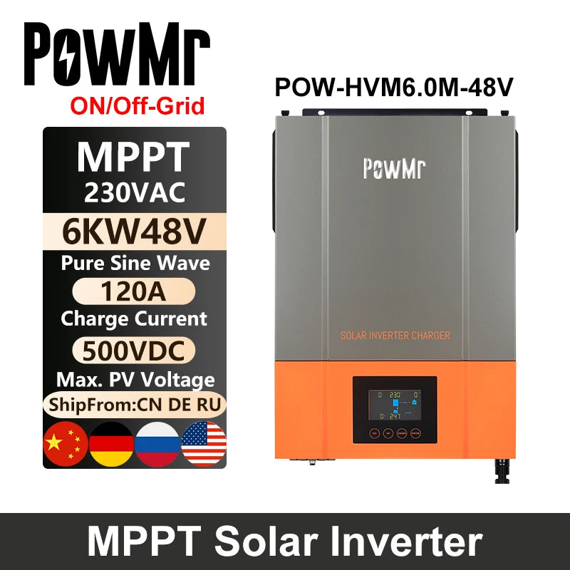 PowMr MPPT Solar Inverter, Off-grid solar inverter charger with pure sine wave output up to 6kW.