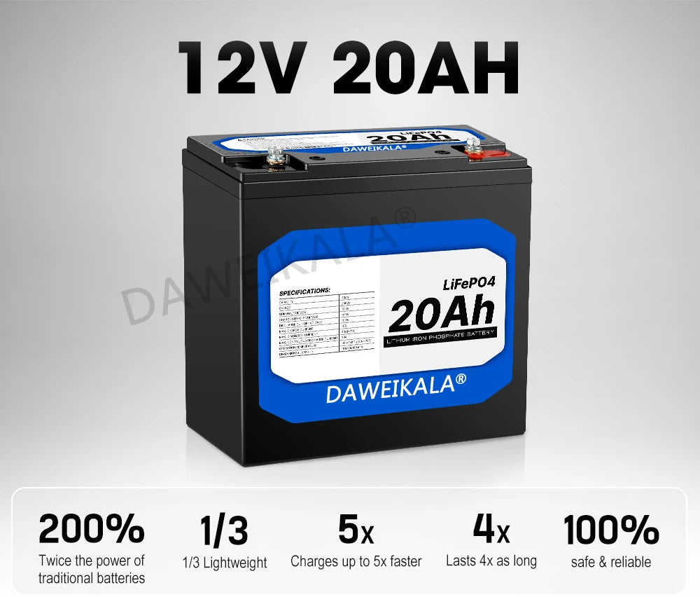 New 12V 20Ah LiFePo4 Battery, High-performance LiFePO4 battery: 12V, 20Ah, lightweight, fast recharge, long-lasting, reliable, and safe.